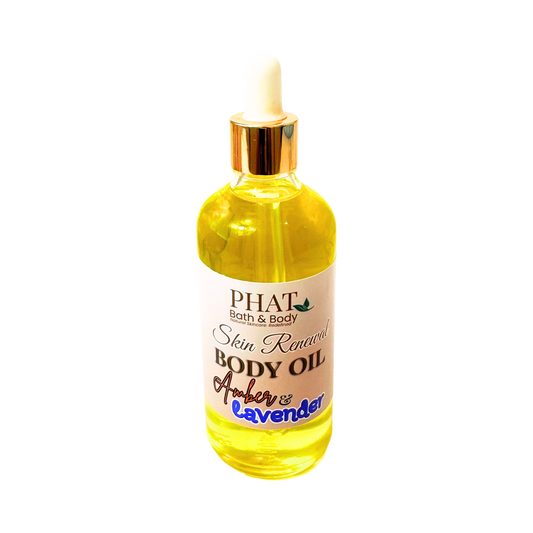 Bottle of Phat Bath & Body body oil with a gold cap on a white background