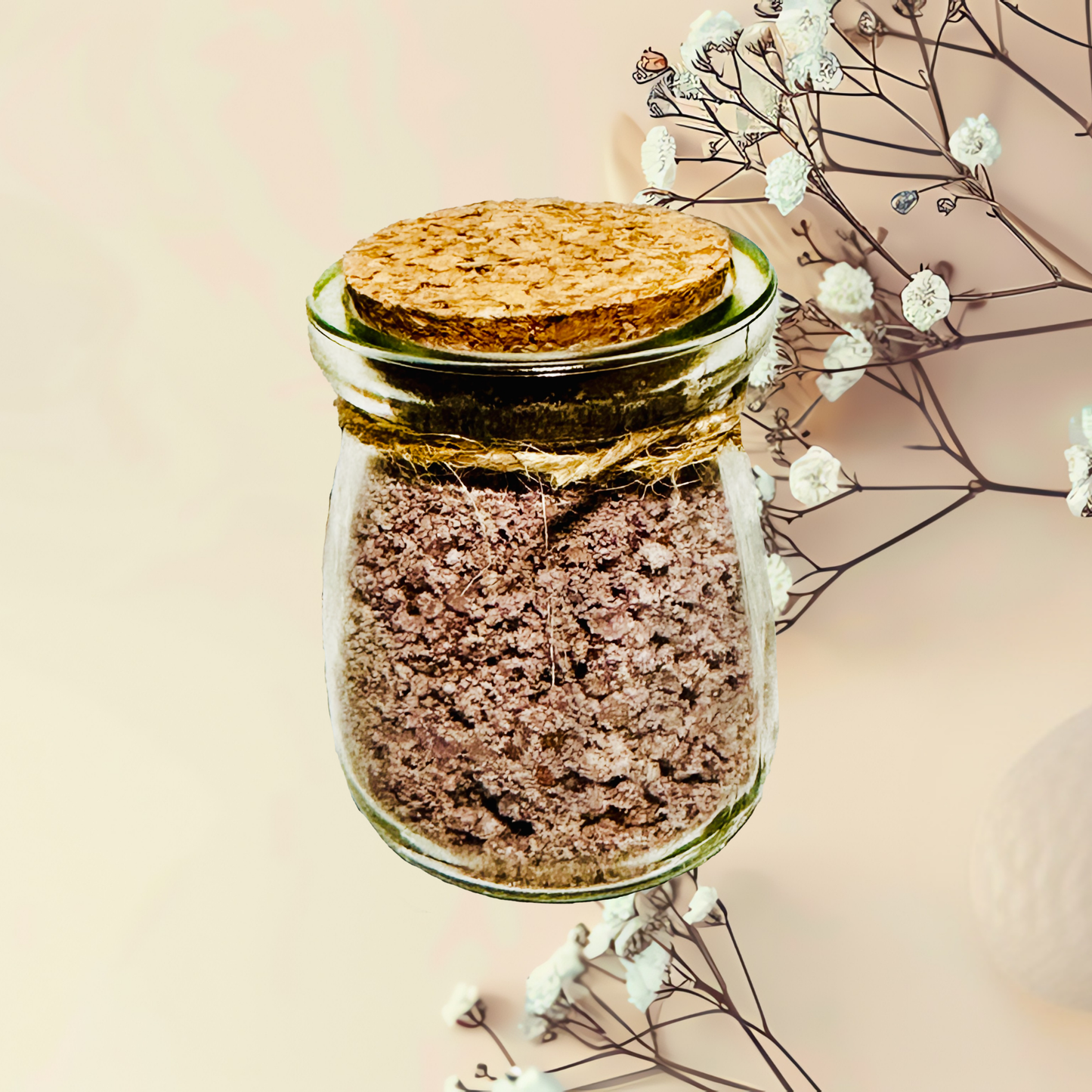 Glass jar with cork lid containing a brown bath salts, surrounded by white flowers on a beige background