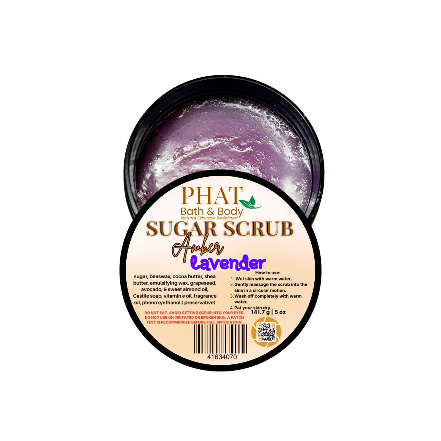 Amber Lavender sugar scrub with packaging on a white background