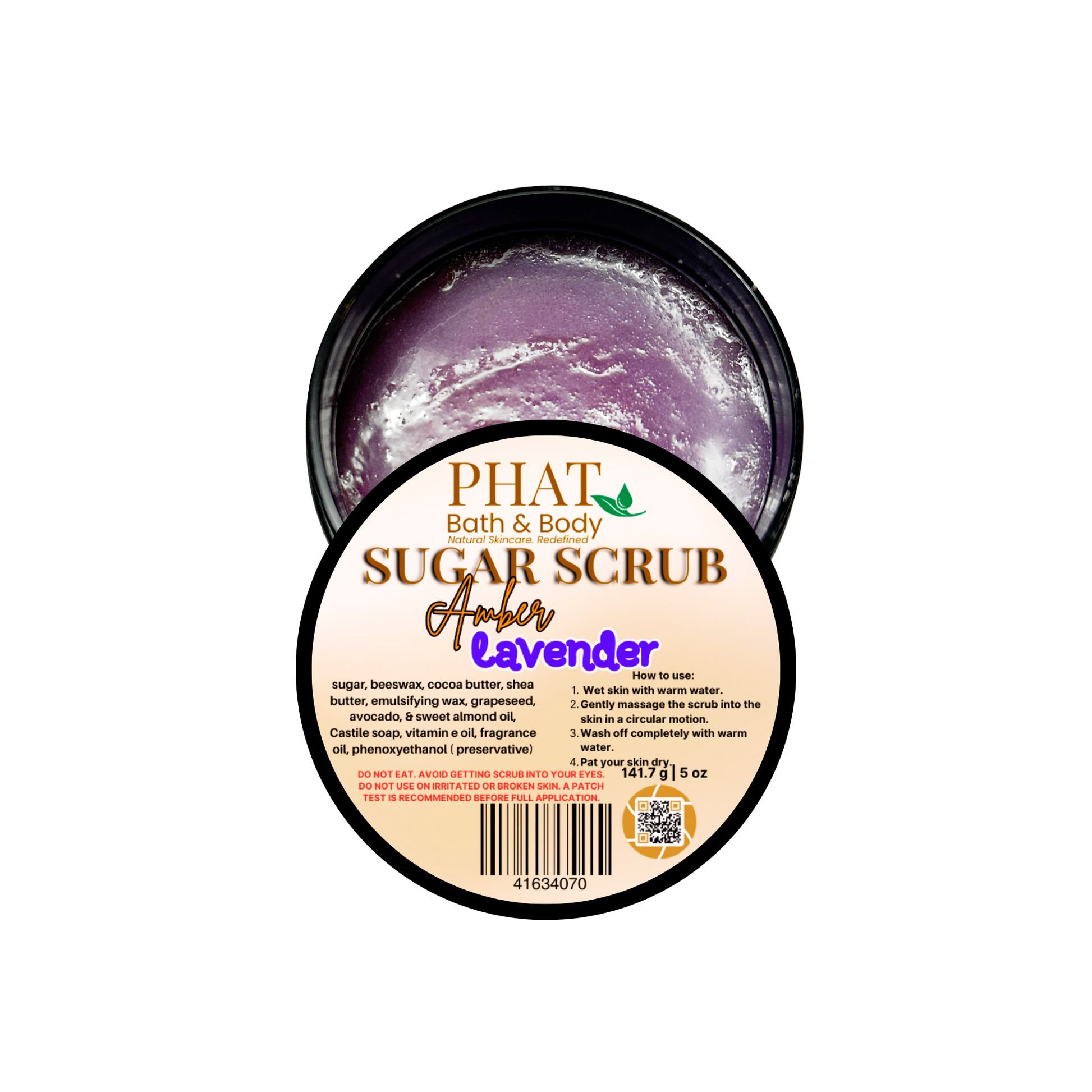 Amber Lavender sugar scrub with packaging on a white background