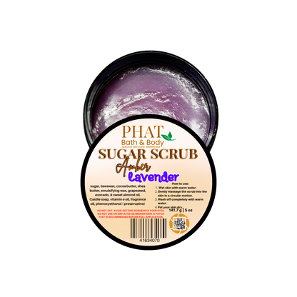 Amber Lavender sugar scrub with packaging on a white background