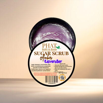Amber Lavender sugar scrub with Phat Bath & Body branding on a beige background
