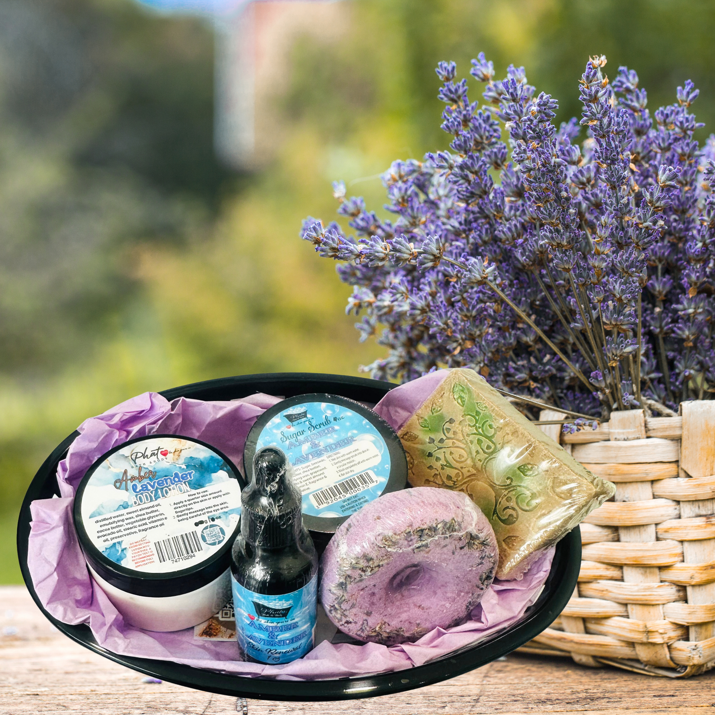 Assorted beauty products including jars, a bottle, and a bar of soap on a tray with lavender flowers in the background.