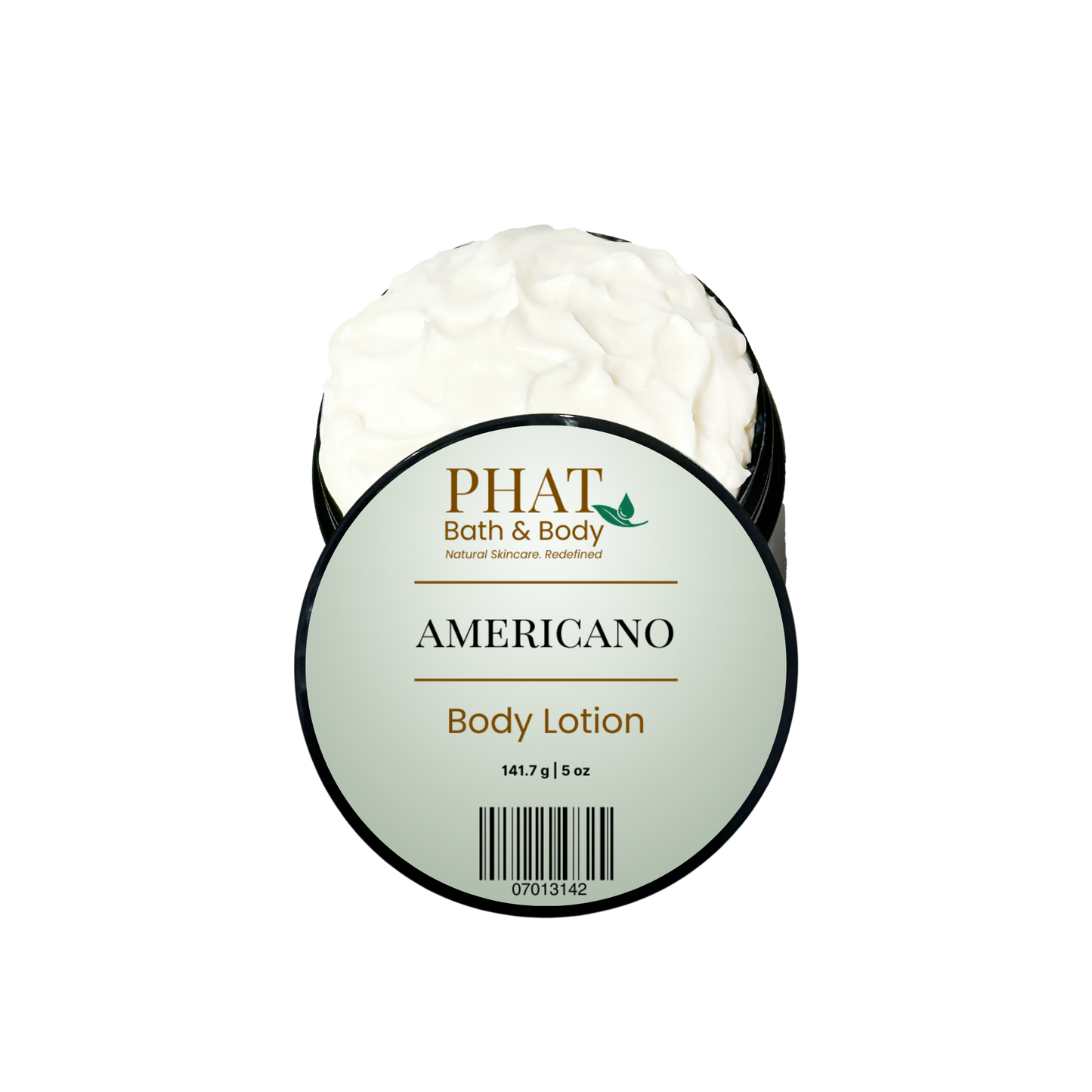 An open round tub of PHAT Bath & Body 'Americano' body lotion, showing the white cream inside, with a light green and black label on a white background.