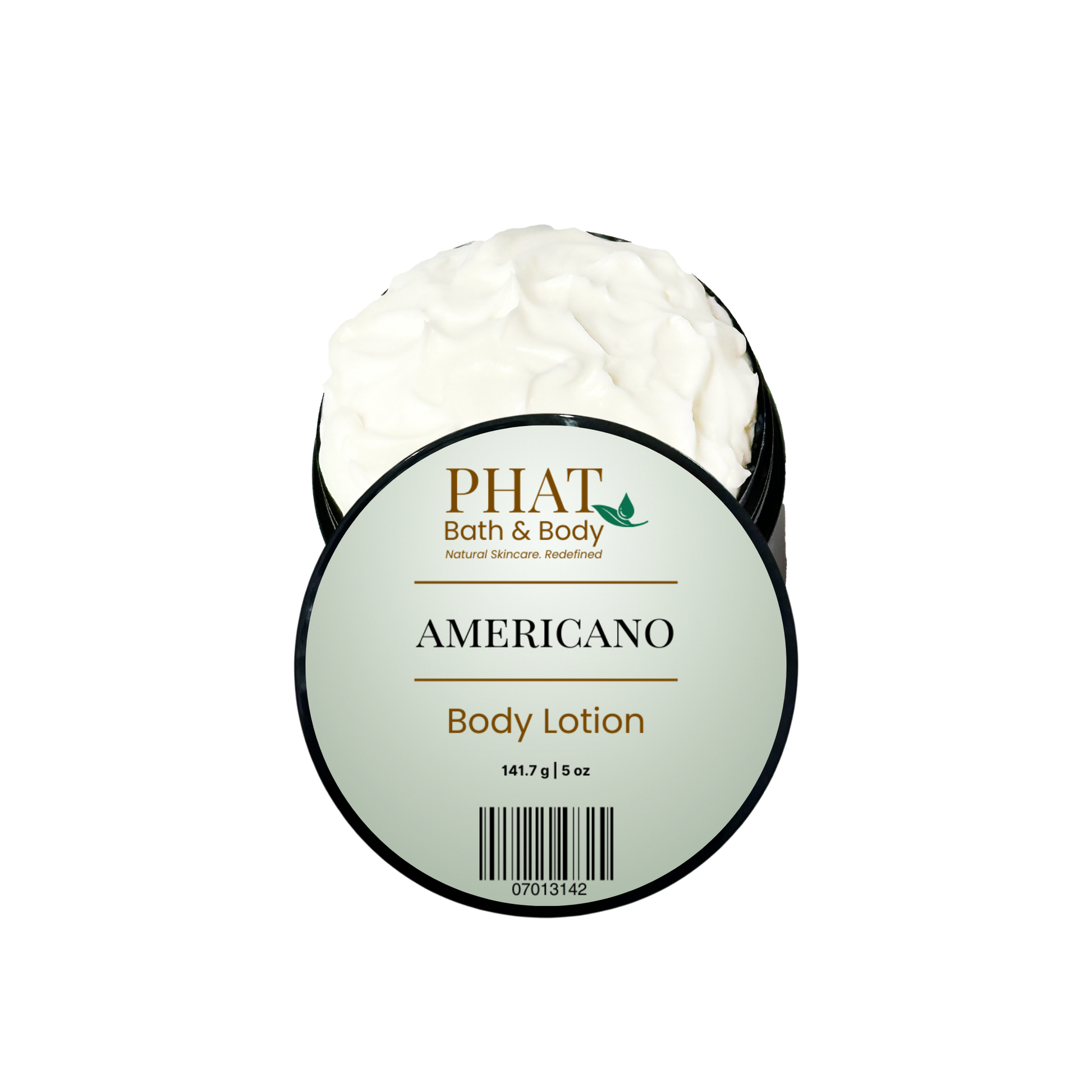 An open round tub of PHAT Bath & Body 'Americano' body lotion, showing the white cream inside, with a light green and black label on a white background.