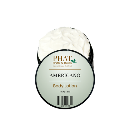 An open round tub of PHAT Bath & Body 'Americano' body lotion, showing the white cream inside, with a light green and black label on a white background.
