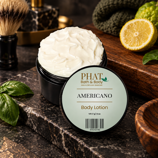 Americano Men’s Body Lotion in an open black jar with labeled lid, styled with bergamot, basil, warm woods, dark stone, and refined grooming elements.