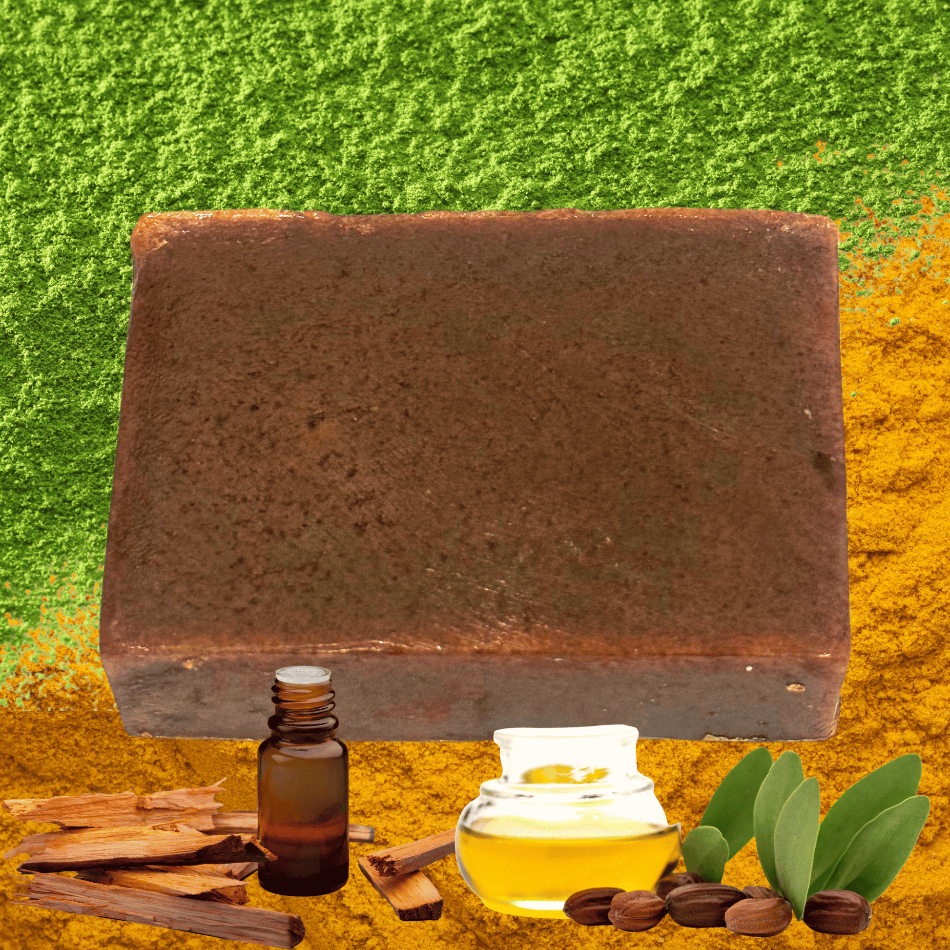 Brown soap bar with textured green and orange background