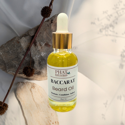 Baccarat Beard Oil bottle with dropper on a textured surface