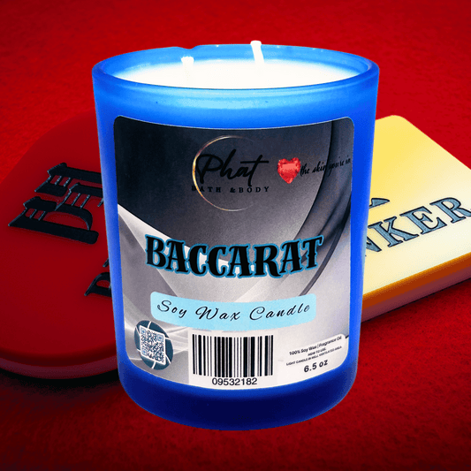 Blue candle with 'Baccarat' label on a red background