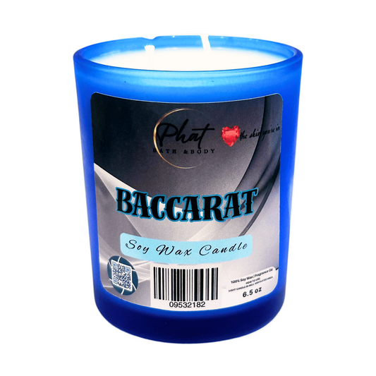 Blue candle with 'Baccarat' label on a white background