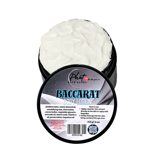 Baccarat body lotion in a black container with a white lid on a white background