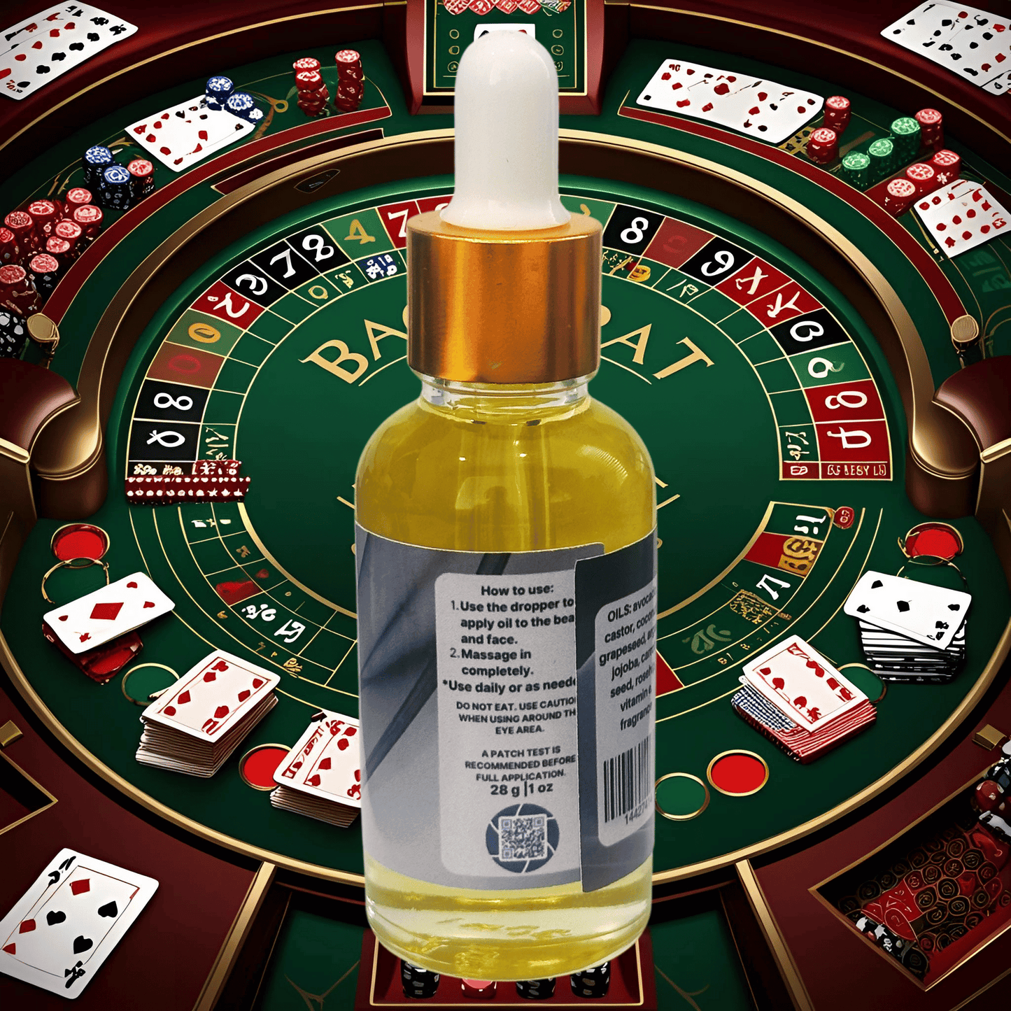 Bottle of oil with a dropper on a baccarat table background