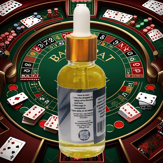 Bottle of oil with a dropper on a baccarat table background