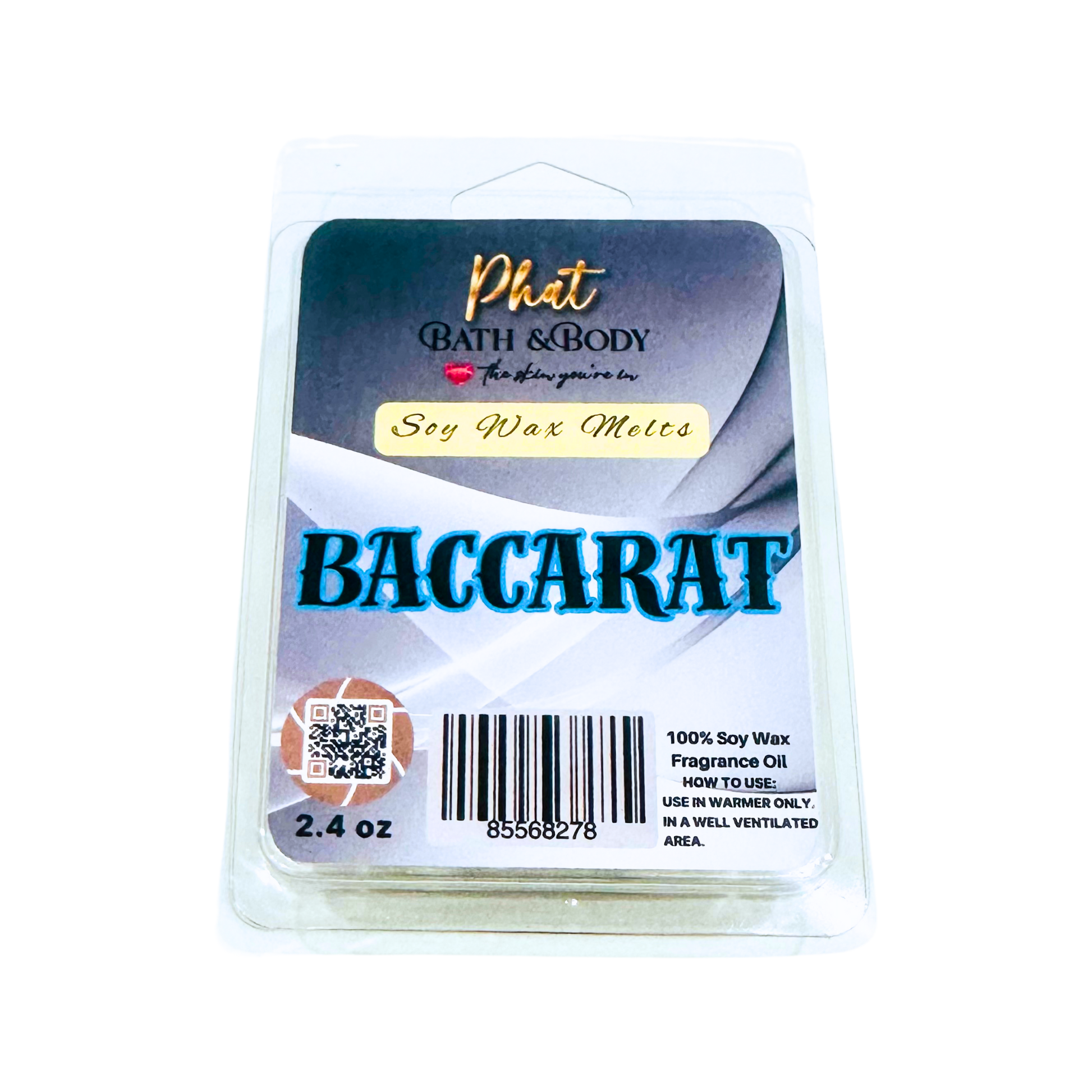 Pack of Phat Bath & Body Baccarat soy wax melts on a white background