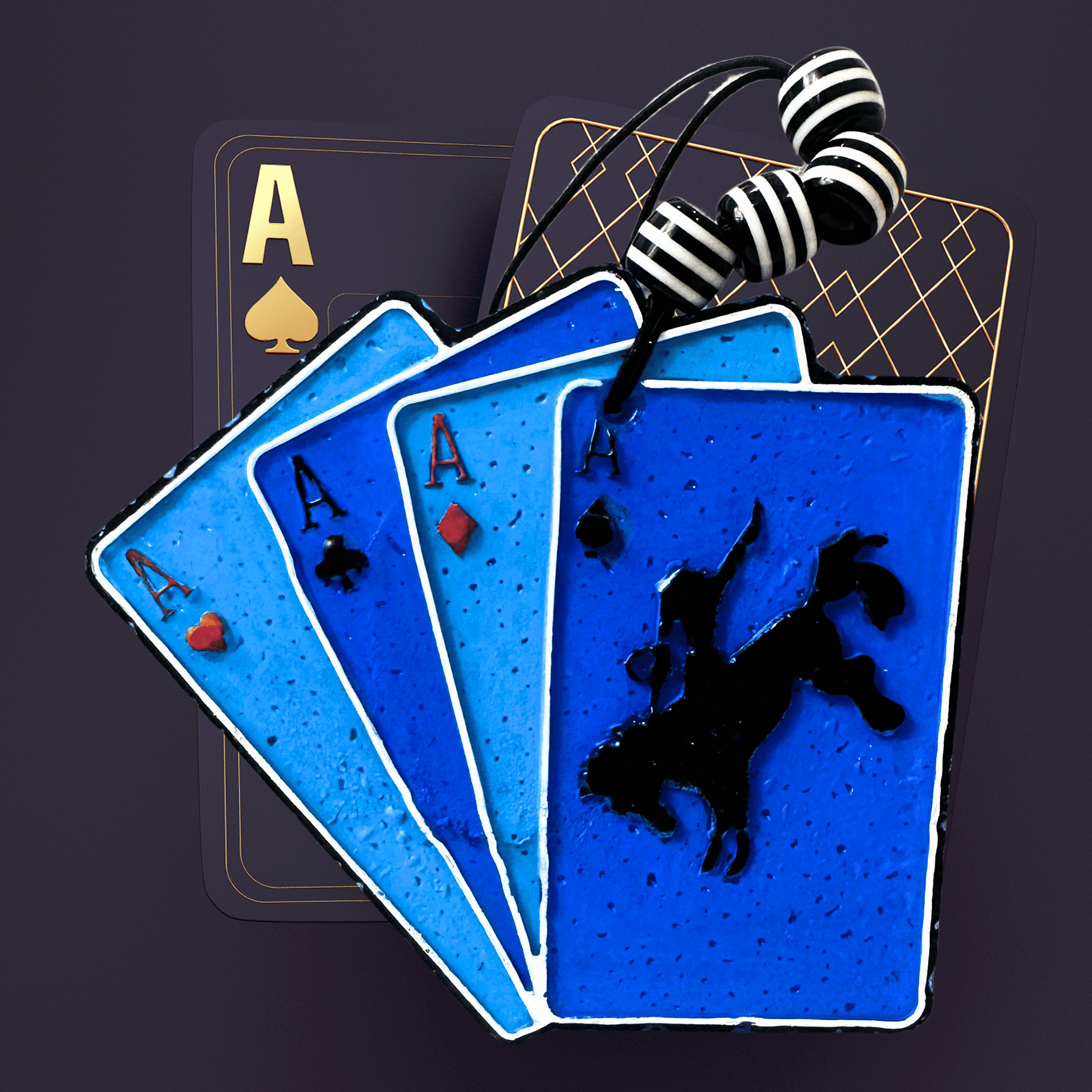 Blue playing cards car freshie with black silhouette design on a dark background