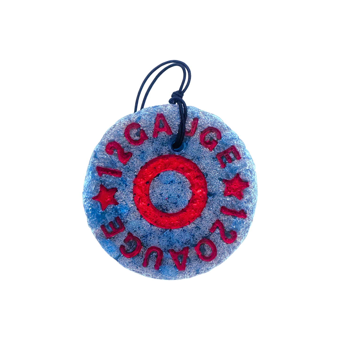 Round blue and red freshie with '12 Gauge' text on a white background