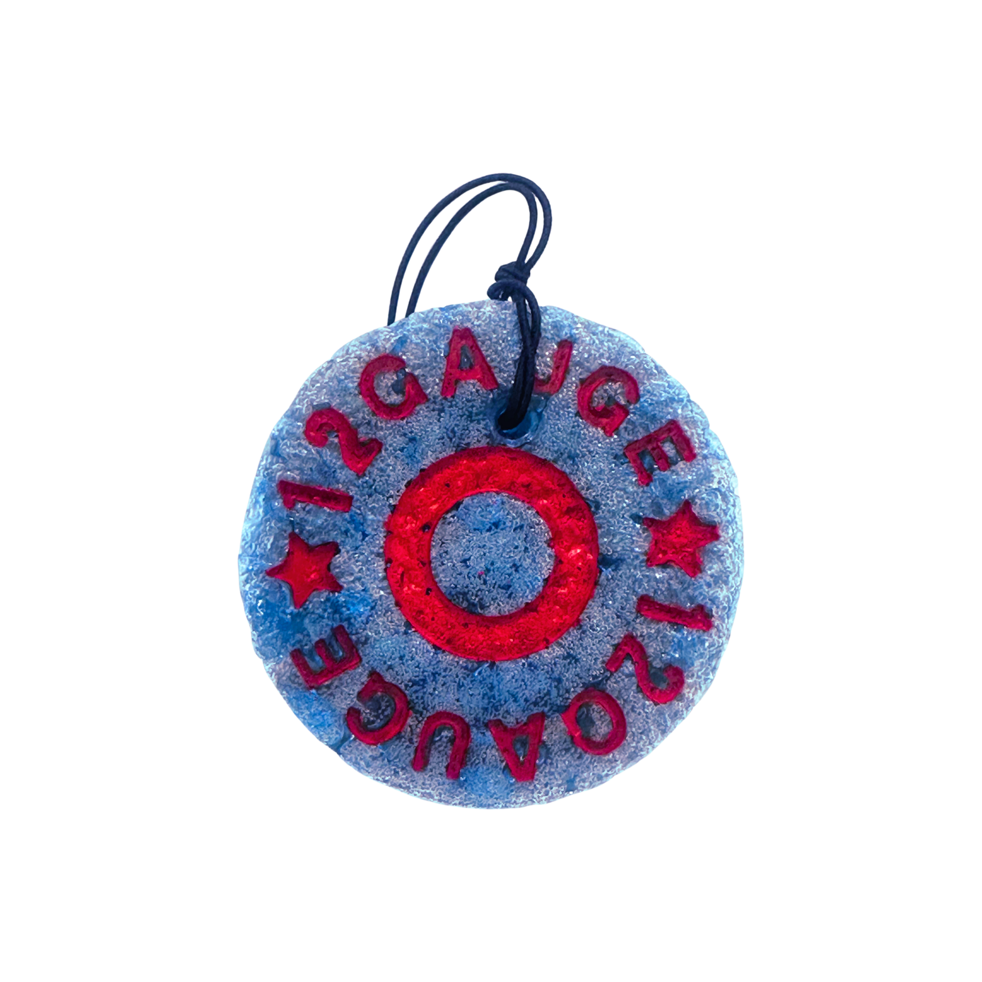 Round blue and red freshie with '12 Gauge' text on a white background