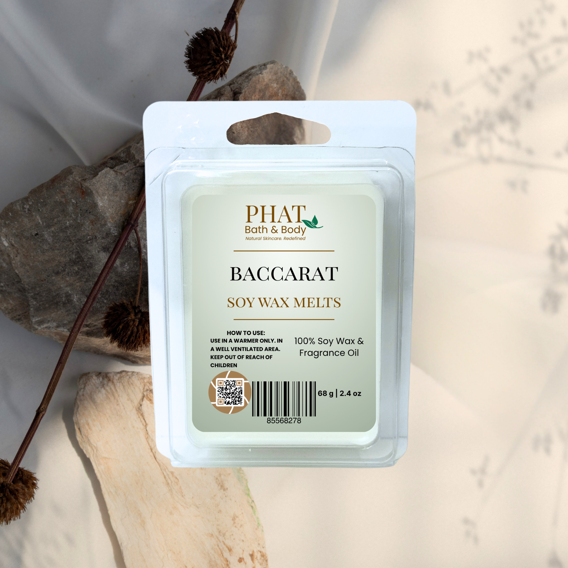 PHAT Bath & Body Baccarat Soy Wax Melts packaging on a natural stone background
