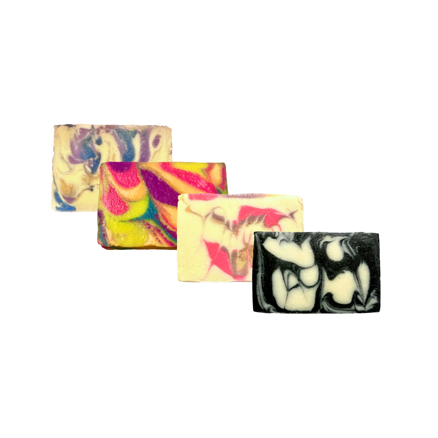 Four colorful soap bars on a white background