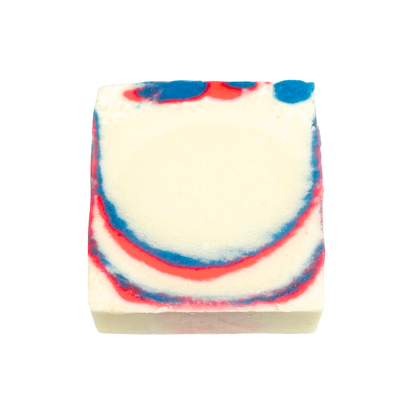 Bar of soap with red and blue swirls on a white background
