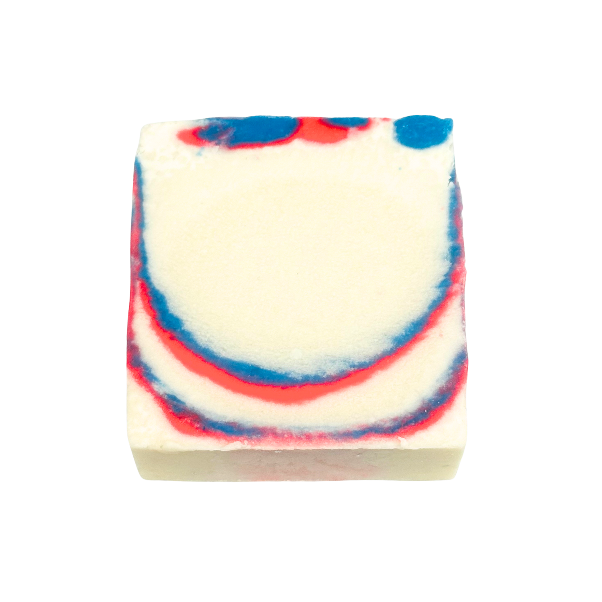 Bar of soap with red and blue swirls on a white background