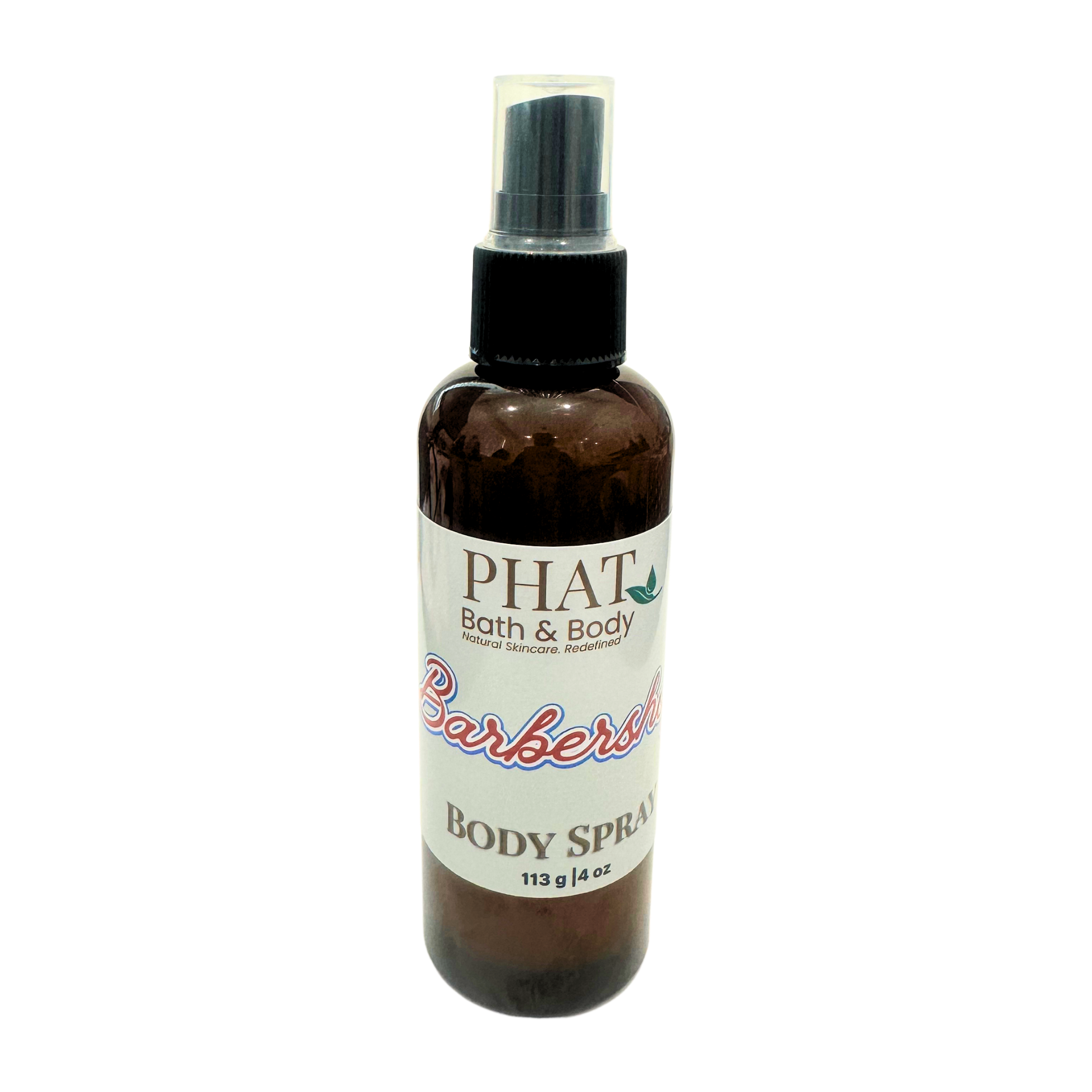 Body spray bottle labeled 'PHAT Bath & Body Barbershop' on a white background