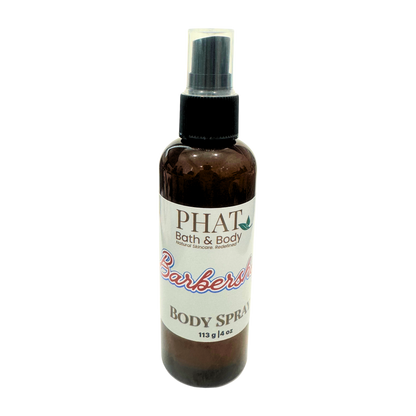 Body spray bottle labeled 'PHAT Bath & Body Barbershop' on a white background