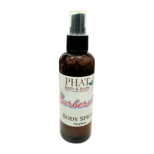 Body spray bottle labeled 'PHAT Bath & Body Barbershop' on a white background