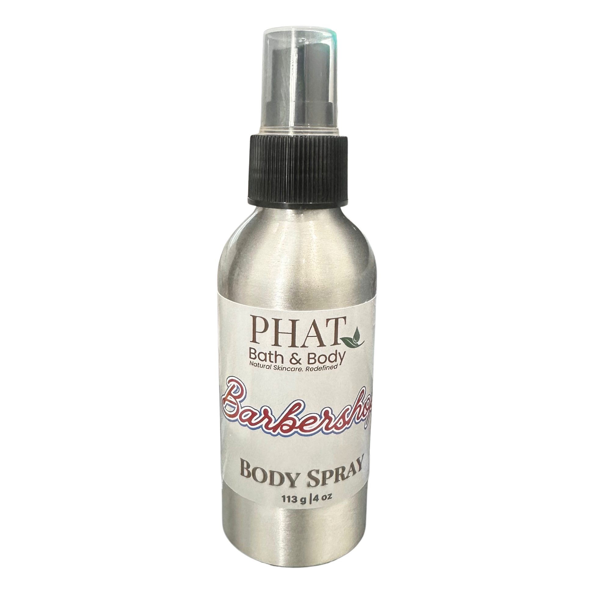 Body spray bottle labeled 'PHAT Bath & Body Barbershop' on a white background