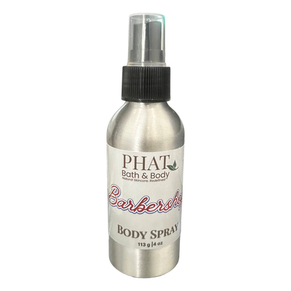Body spray bottle labeled 'PHAT Bath & Body Barbershop' on a white background