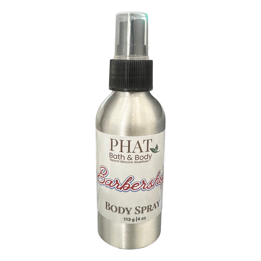 Body spray bottle labeled 'PHAT Bath & Body Barbershop' on a white background