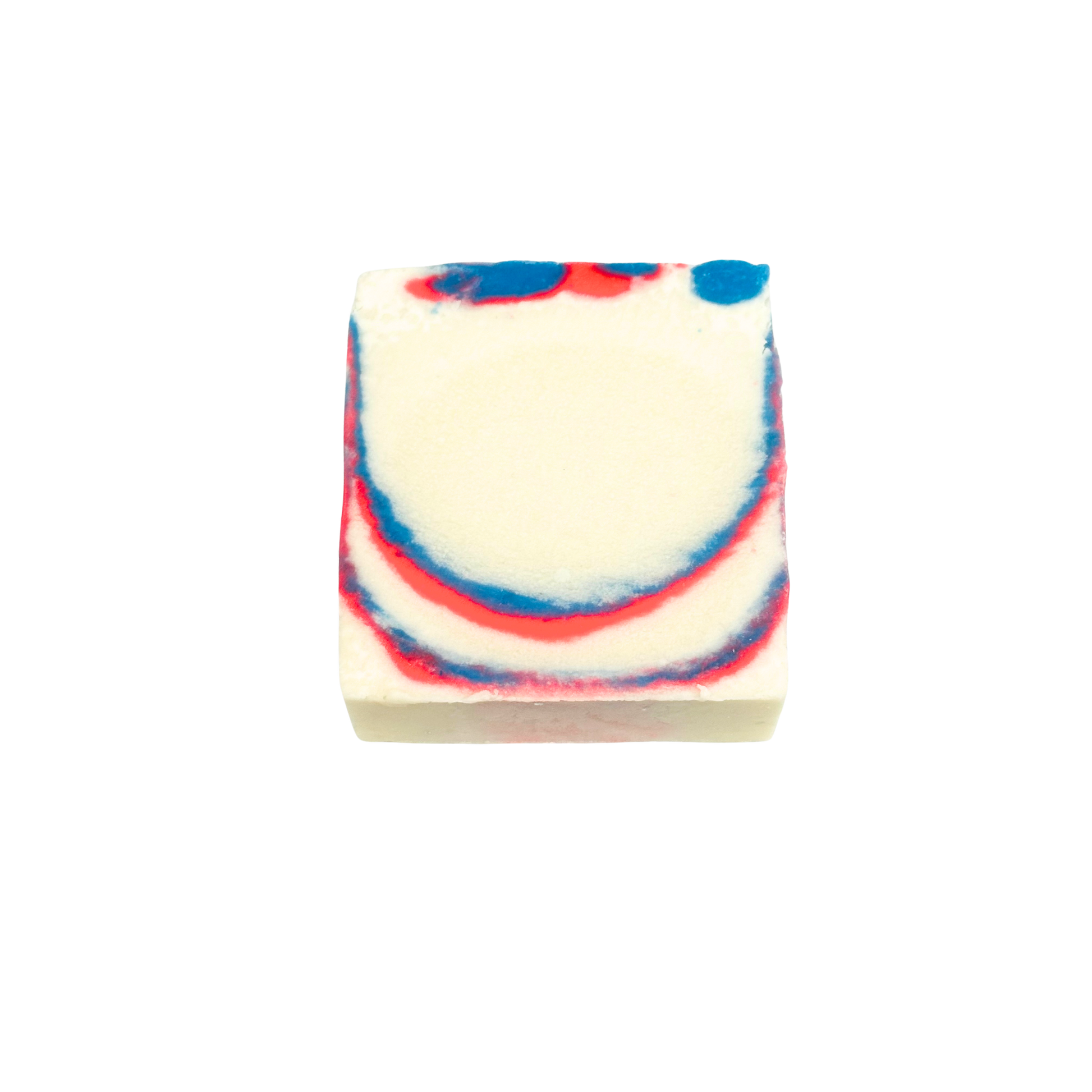 Bar of soap with red and blue swirls on a white background