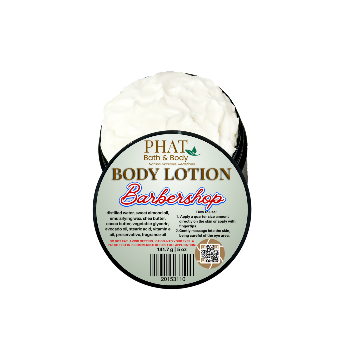 Body lotion container labeled 'Phat Bath & Body' on a white background