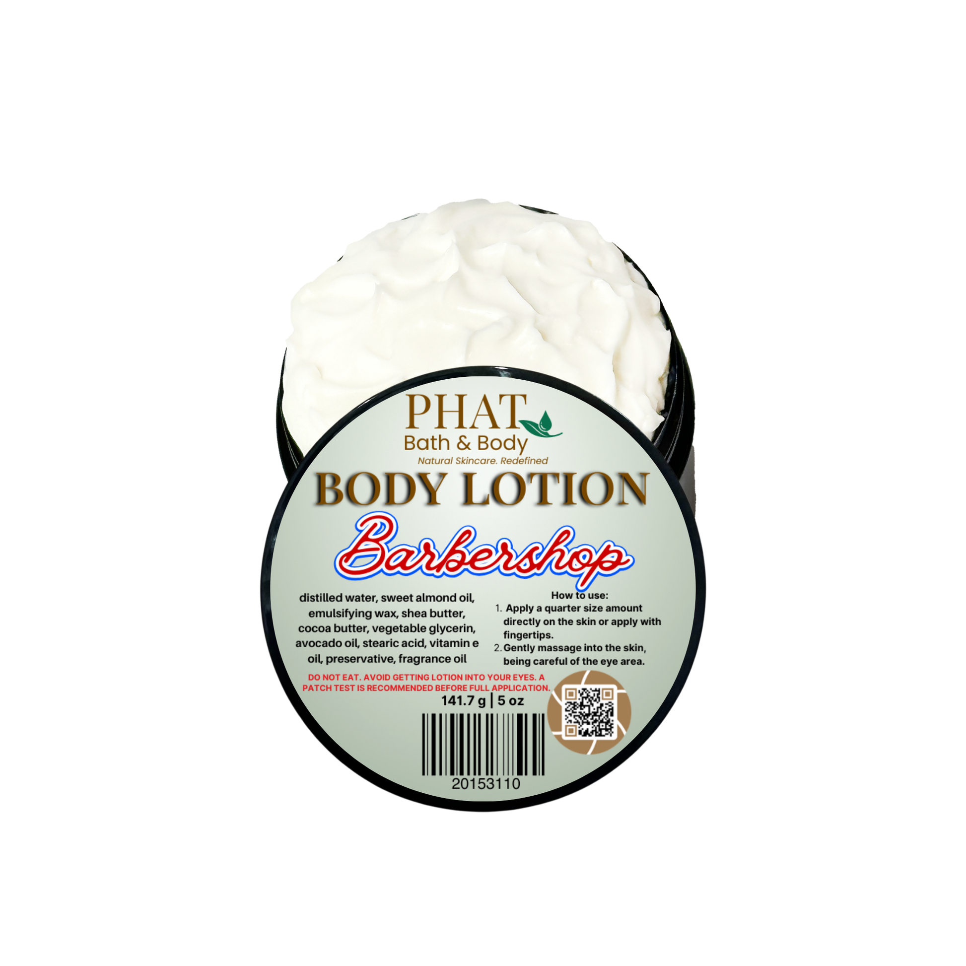 Body lotion container labeled 'Phat Bath & Body' on a white background