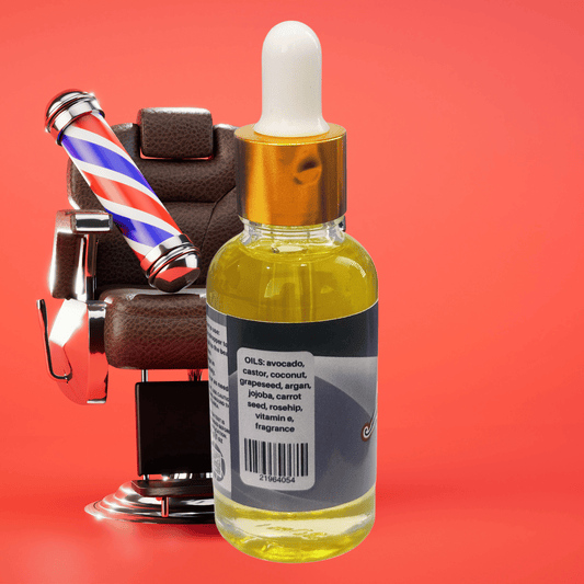 Bottle of beard oil with dropper next to a barber chair on a red background