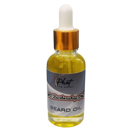 Bottle of Barbershop beard oil with a dropper on a white background