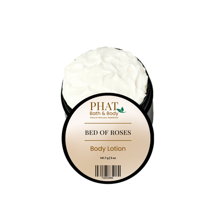 Open black jar of Bed of Roses Body Lotion with Phat Bath & Body labeled lid and rich white lotion.
