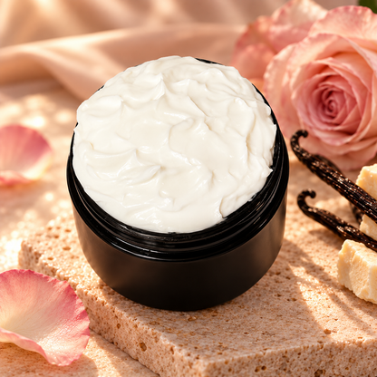Open jar of Bed of Roses Body Lotion styled with blush roses, rose petals, warm vanilla accents, and soft neutral textures.