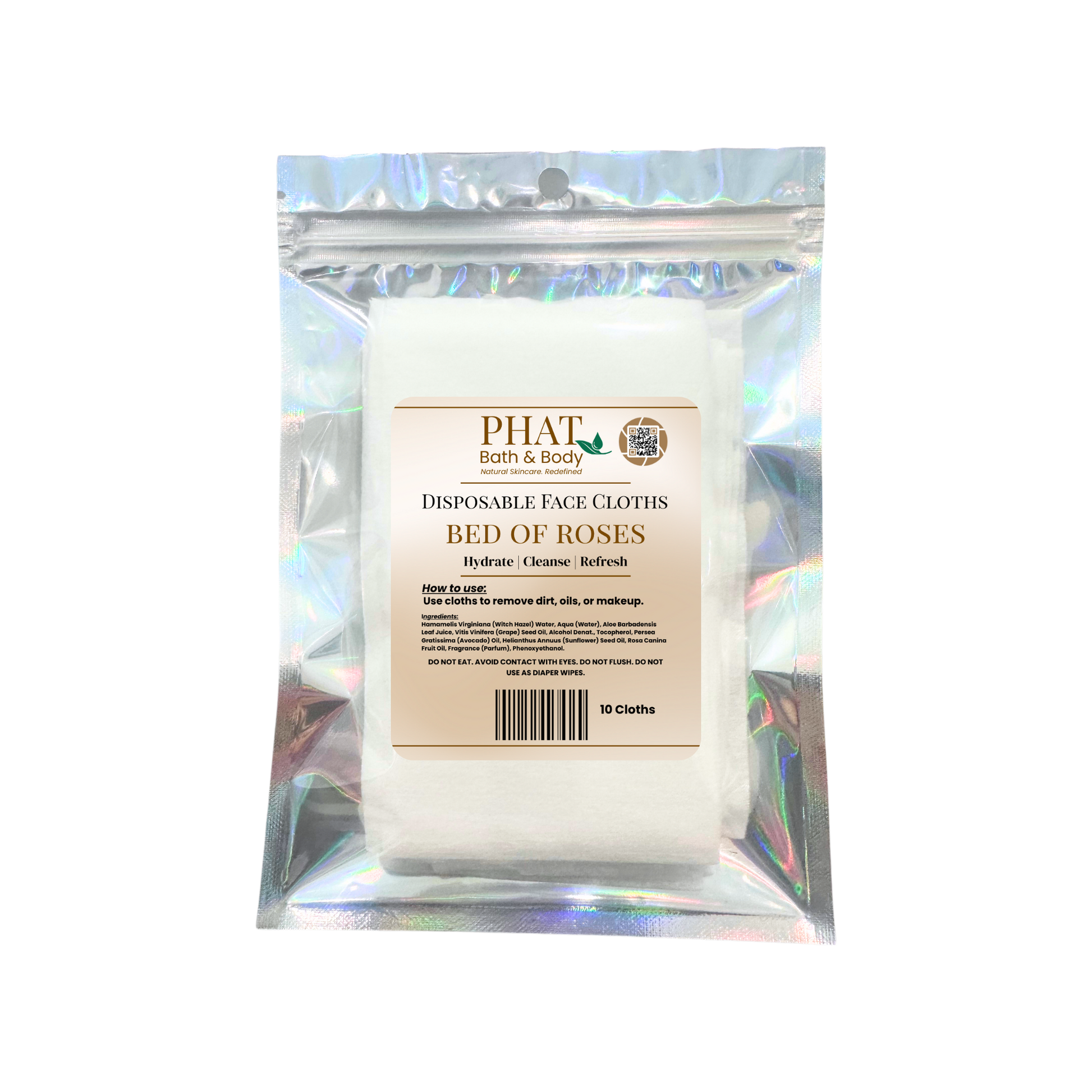 Pack of disposable face cloths with 'Phat Bath & Body' branding on a white background