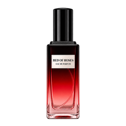 Phat Bath & Body Bed of Roses Eau de Parfum in a tall clear glass perfume bottle with black cap, warm tan label, and deep rose-toned fragrance, shown as the main product image.