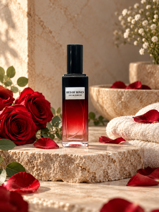 Bed of Roses women’s Eau de Parfum bottle surrounded by red roses in a luxury brand setting.