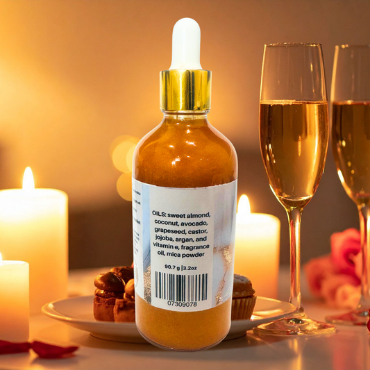 Bottle of oil with a dropper on a table with candles and glasses