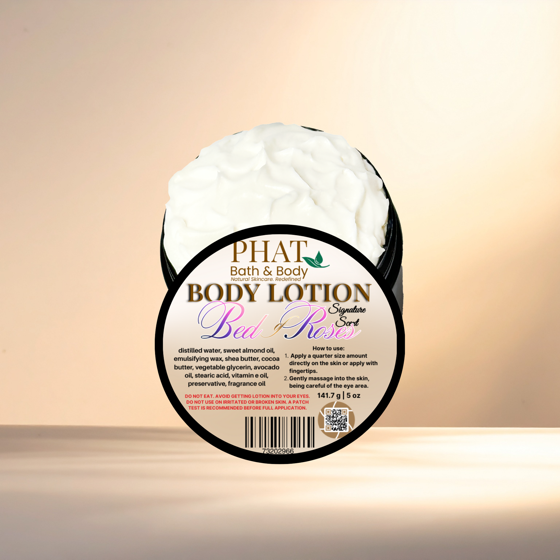 Body lotion container with 'Phat Bath & Body' branding on a gradient background