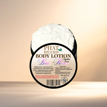 Body lotion container with 'Phat Bath & Body' branding on a gradient background