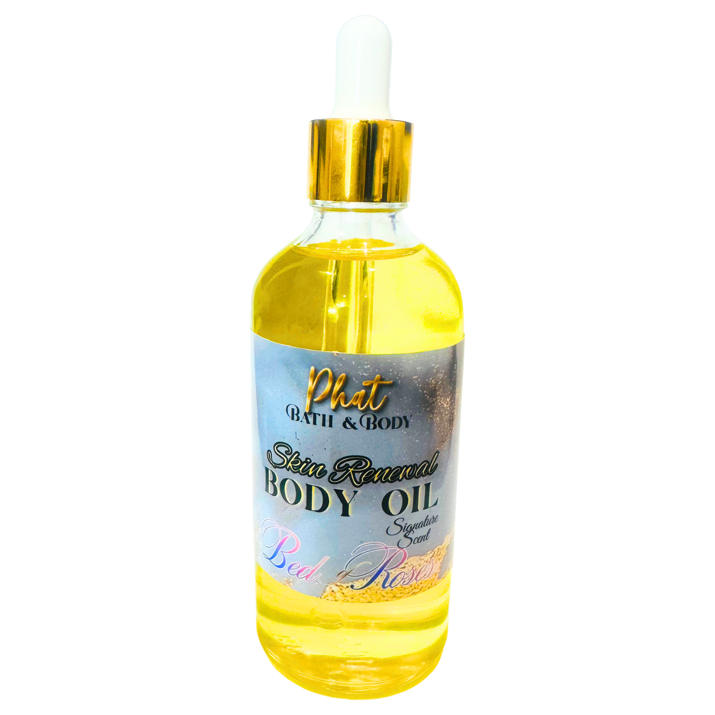 Bottle of Phat Bath & Body body oil with a gold cap on a white background