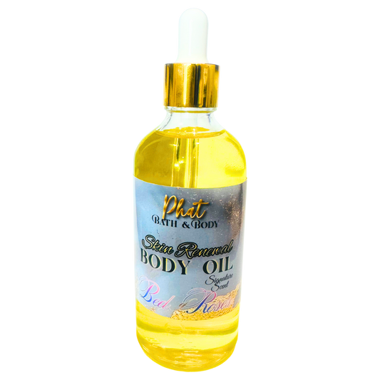 Bottle of Phat Bath & Body body oil with a gold cap on a white background