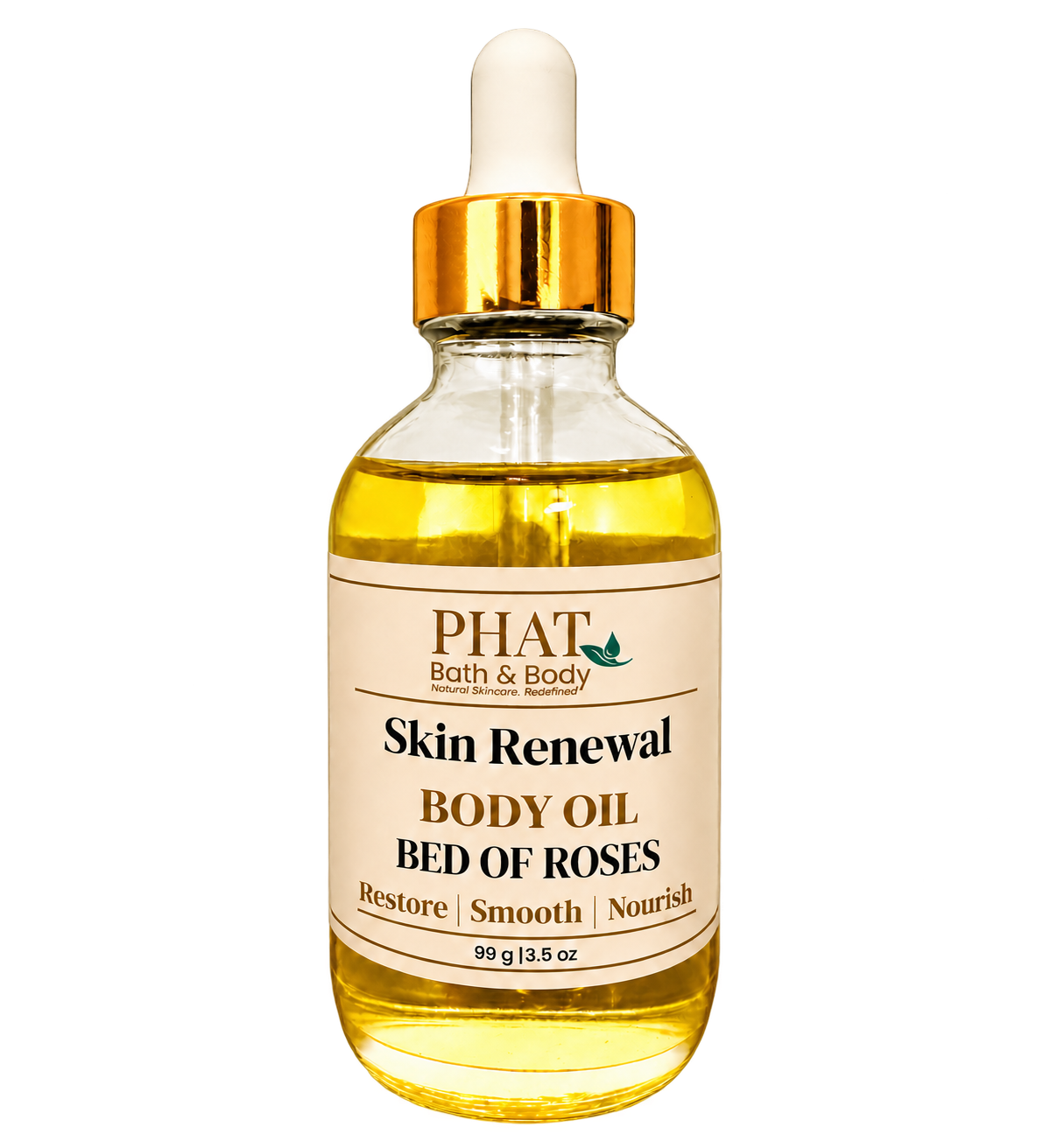 Phat Bath & Body Bed of Roses Skin Renewal Body Oil, 3.5 oz golden body oil in a clear glass dropper bottle with a gold cap and cream label.