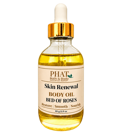 Phat Bath & Body Bed of Roses Skin Renewal Body Oil, 3.5 oz golden body oil in a clear glass dropper bottle with a gold cap and cream label.
