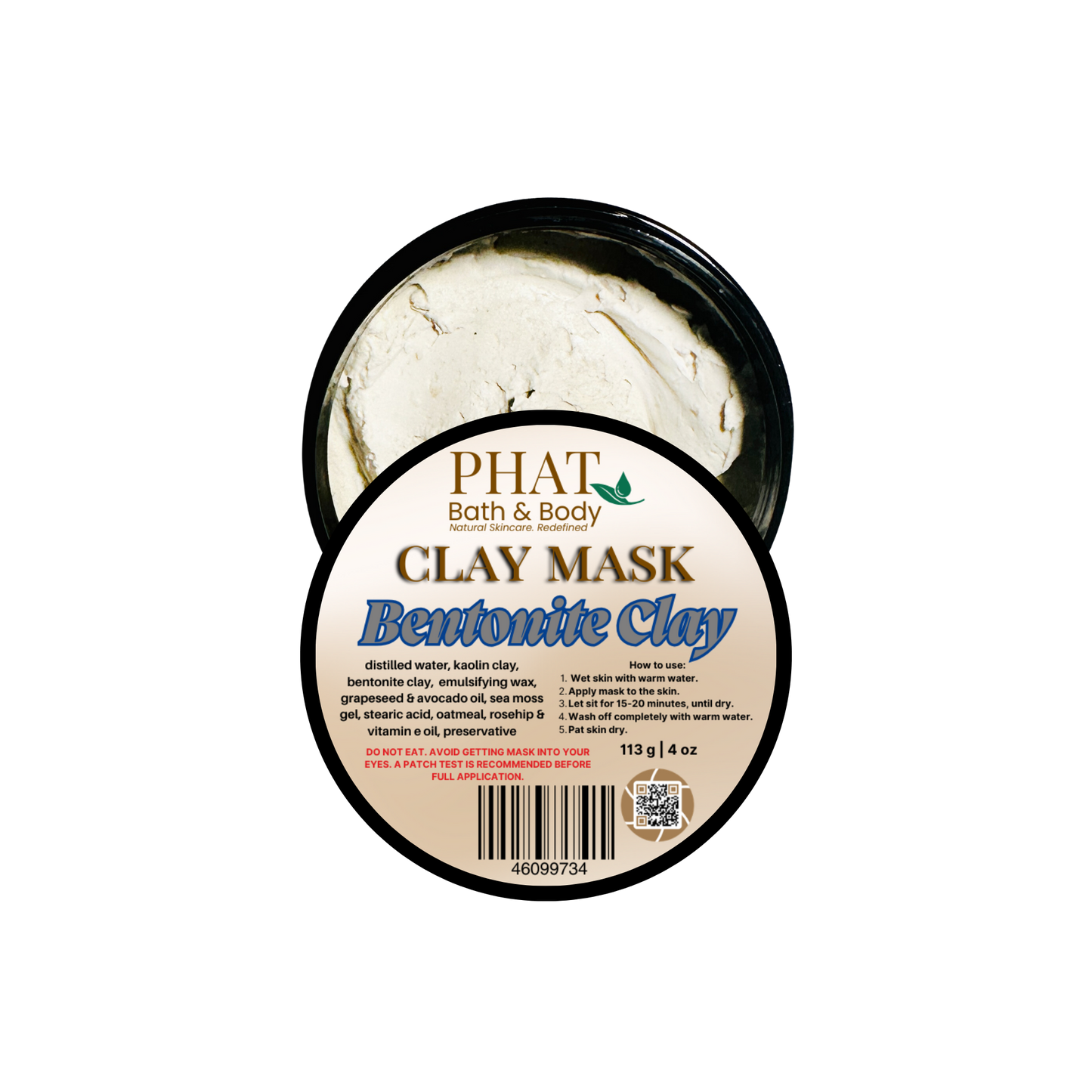 Clay mask container with 'Phat Bath & Body' branding on a white background